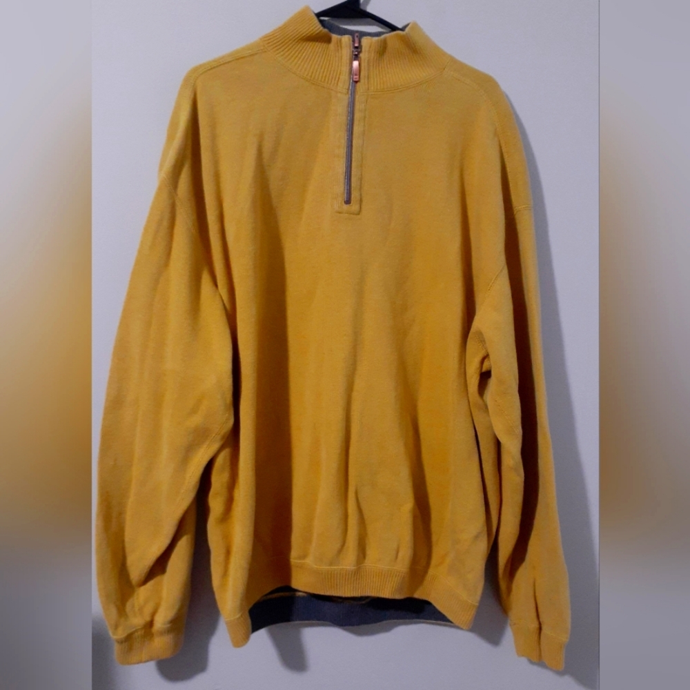 Tommy Bahama Men's 100% Cotton Mustard Yellow/Gray Reversible 1/4 Zip Sweater